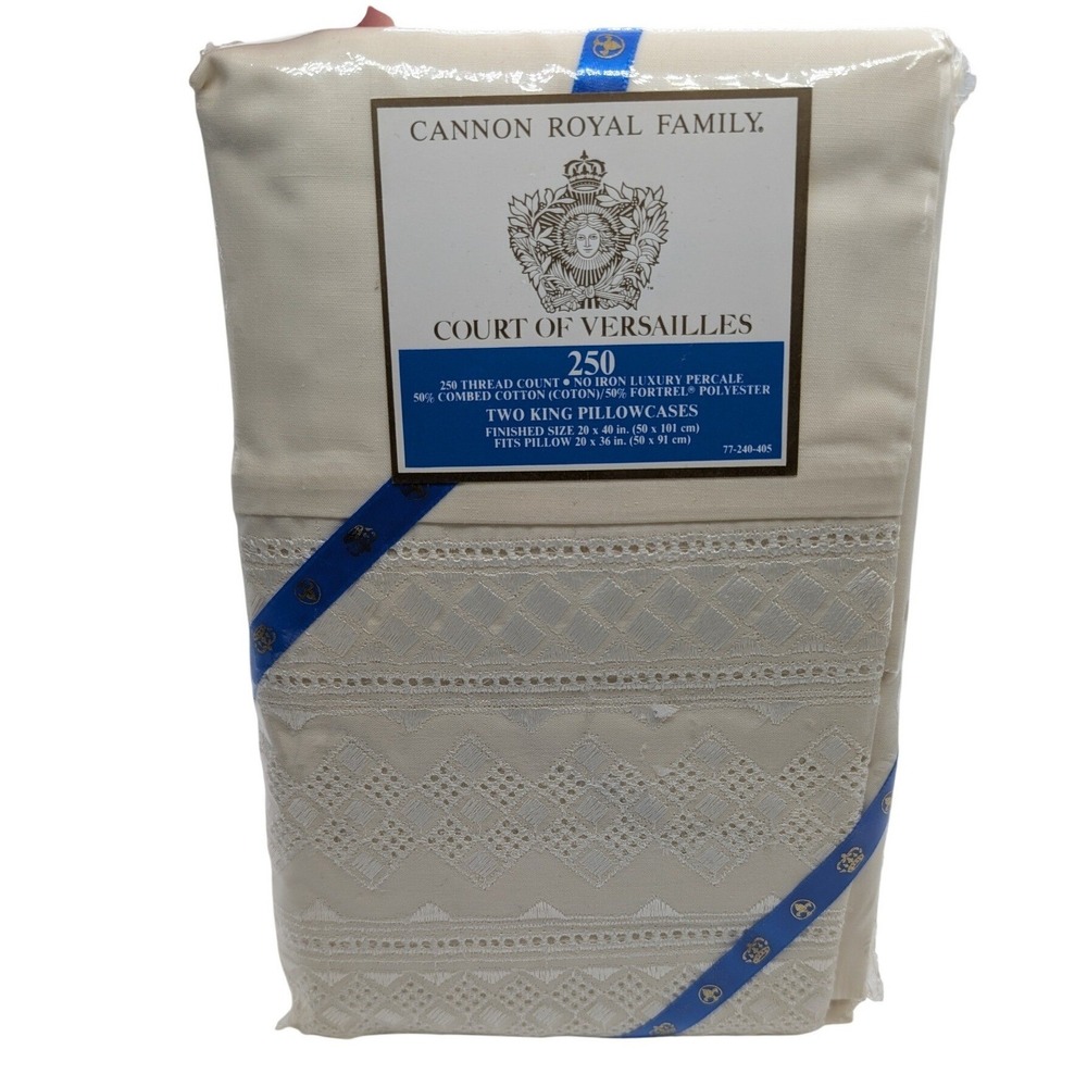 Vtg NEW‎ Cannon Court of Versailles Diamant Pillowcases 2PK Cream Lace King